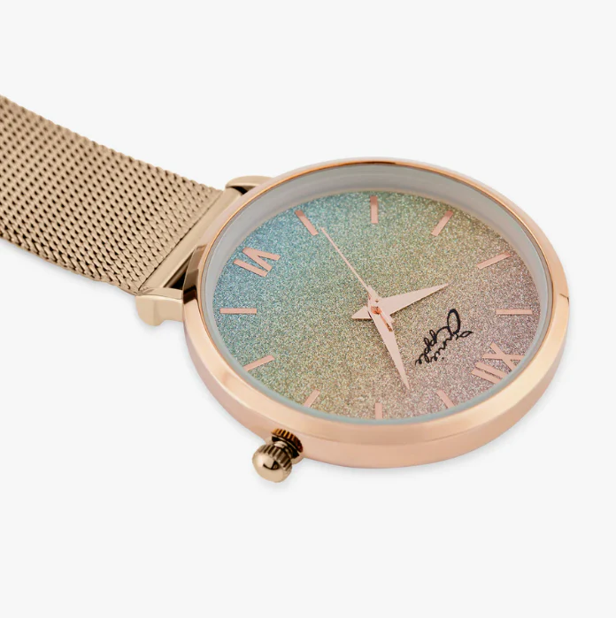 Annie Apple Nurses Fob Watch - Aurora - Glitter Rainbow/Rose Gold - Mesh - 35mm - Image 3