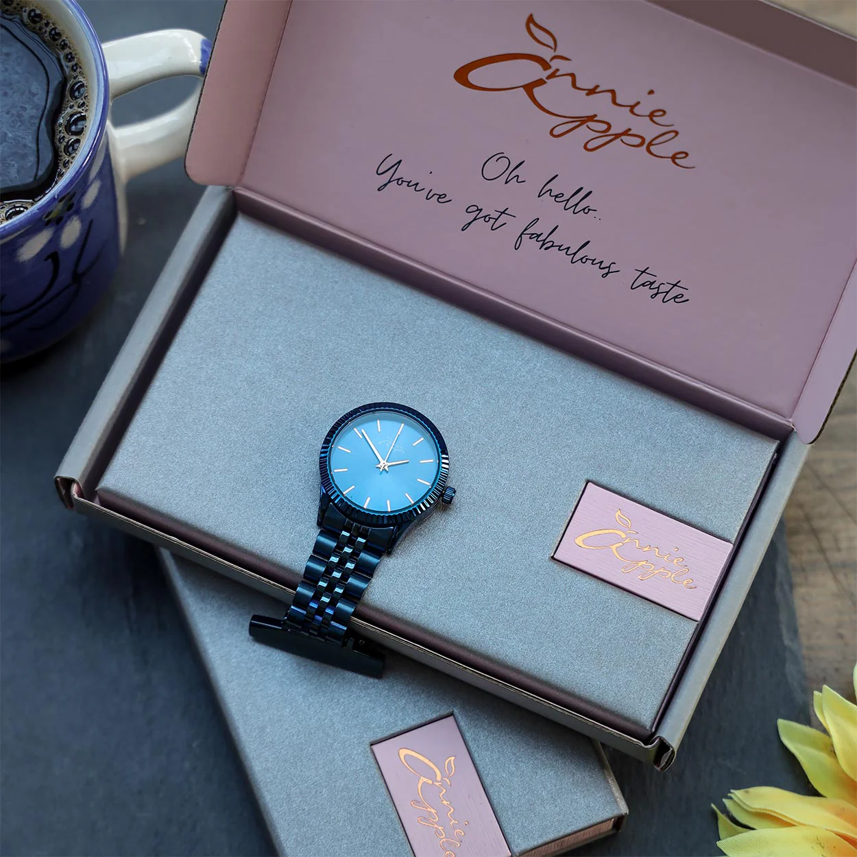 Annie Apple Nurses Fob Watch - Meraki - Rose Gold/Blue - Mesh - 35mm - Image 2